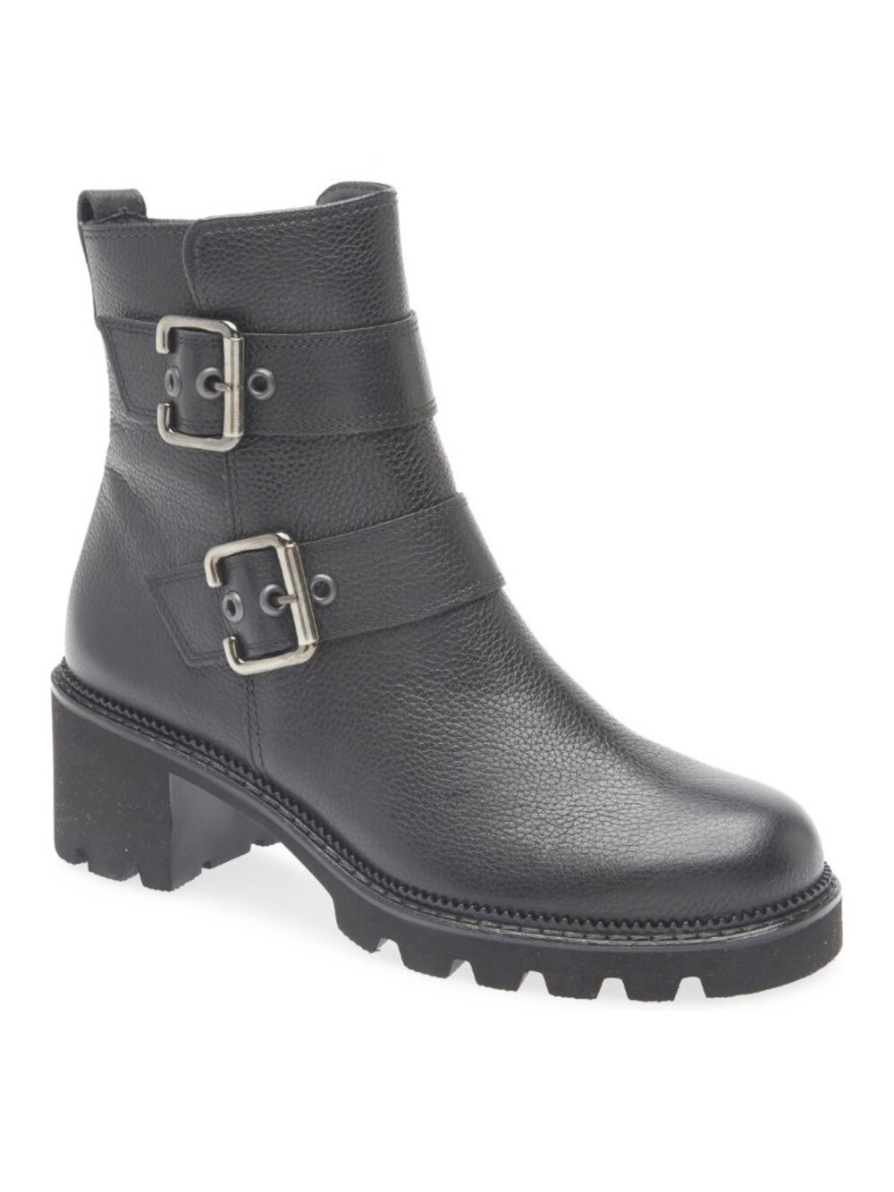 $600 PAUL GREEN Balboa Moto Boot BLACK LEATHER BUCKLES CHUNKY LUG 7 US (TF13)